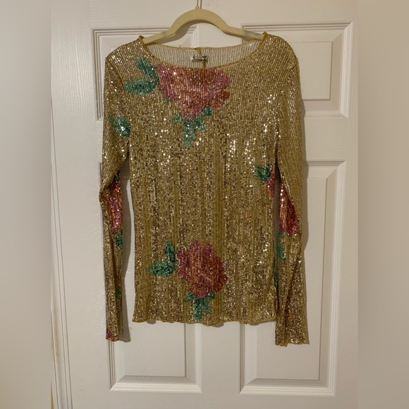 NWT Free People Gold Rush Sequin Floral Top S & M Color Champagne Combo Y2K Boho - Picture 7 of 9